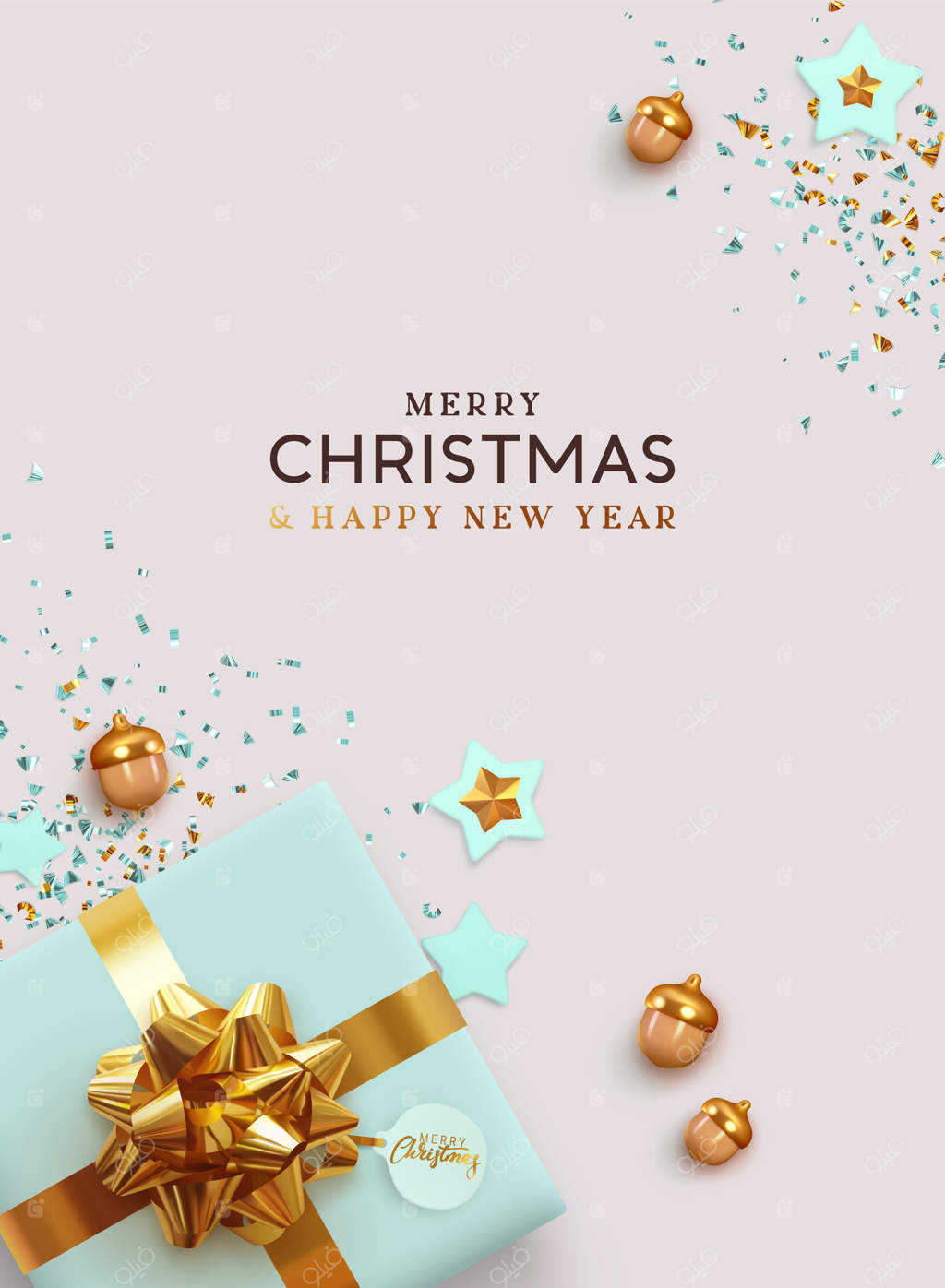 کریسمس مبارک و سال نوی خوبی داشته باشید. طراحی پس‌زمینه: جعبه‌های هدیه، اشیای دکوری جذاب. نمای بالا از چیدمان مسطح. پوستر کریسمس، بنر تعطیلات، بروشور شیک، کارت تبریک