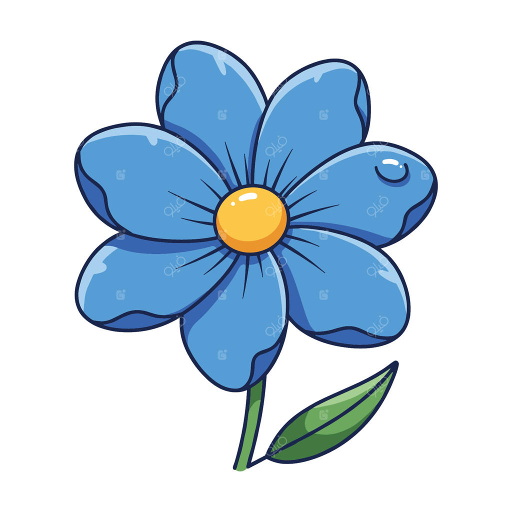 گل کارتونی آبی شاداب با برگ سبز