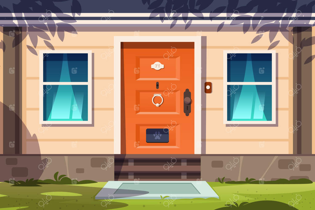 نمای کلبه: تصویر کارتونی نمای خارجی خانه روستایی با ورودی و پنجره‌ها - طرحی از نمای خانه روستایی