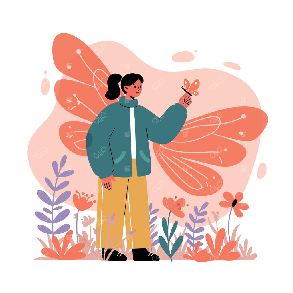 تصویر فردی با بال‌های پروانه‌ای در باغ گل‌های نارنجی و بنفش و پروانه‌ای در دست