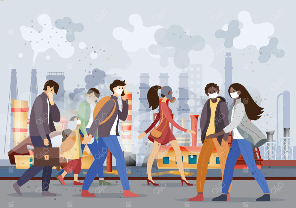 گروهی از مردم که در گرد و غبار خفه می‌شوند و ماسک محافظ می‌زنند