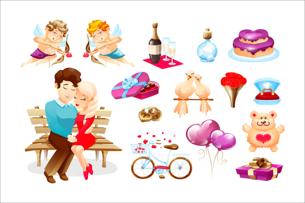 کارت‌های روز ولنتاین با موضوعات مختلف: خرس عروسکی، کبوترها، دسته‌گل، حلقه الماس و زوج عاشق‌