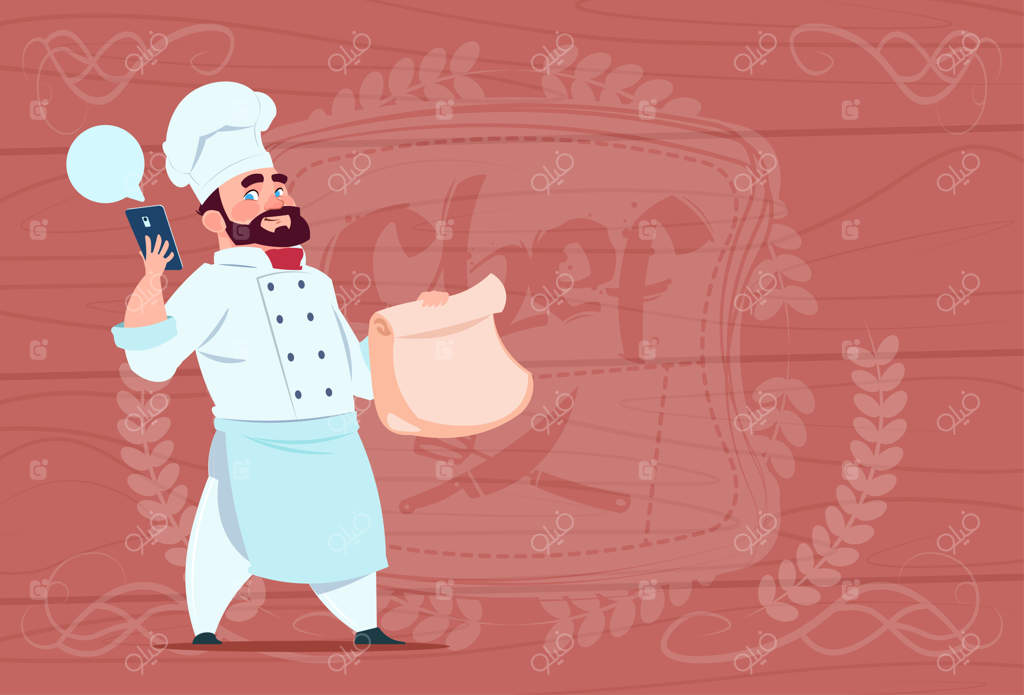 آشپز با بسته غذا و موبایل در مفهوم تحویل رستوران - پس‌زمینه چوبی