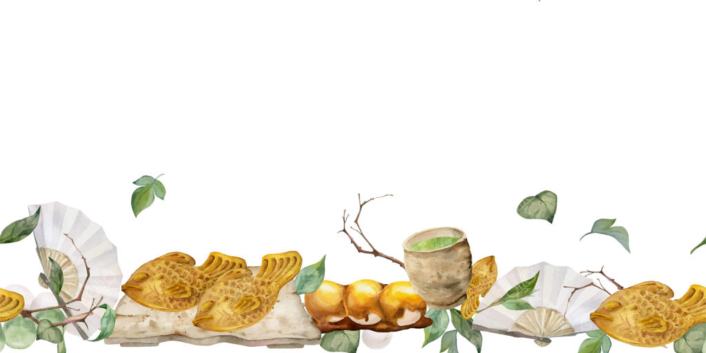 مرز وسیع بدون درز از شیرینی‌های سنتی ژاپنی به صورت آبرنگی - واگاشی، تایاکی، دانگو، موچی روی پس‌زمینه سفید برای دعوت‌نامه‌ها، منوی رستوران، کارت تبریک و چاپ پارچه