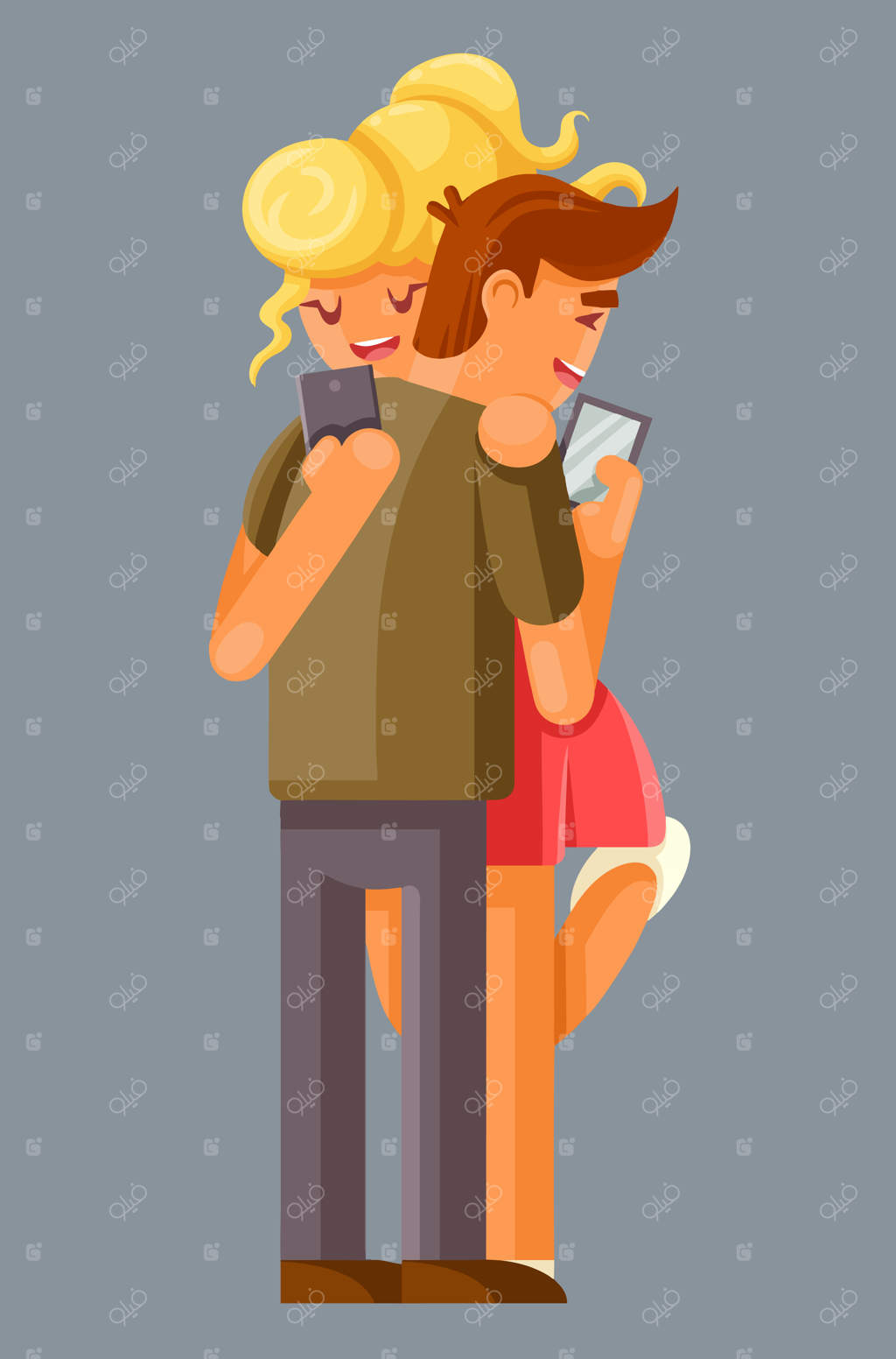 زوجی که همدیگر را در آغوش گرفته‌اند، در حالی که همه به وسایل الکترونیکی خود خیره شده‌اند.