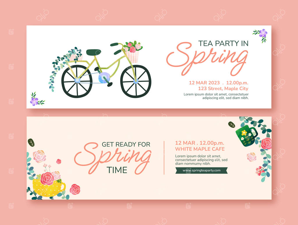 مجموعه بنرهای افقی بهاری با طرح گل‌ها به سبک آبرنگی