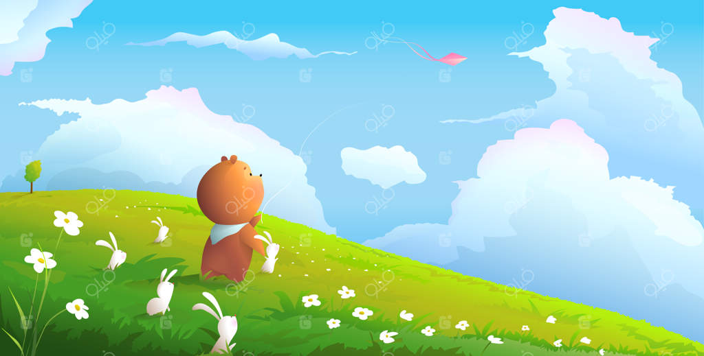 خرس بانمک و خرگوش‌ها در حال بادبادک‌بازی در طبیعت وحشی