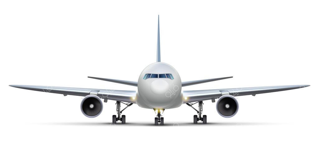 هواپیما: نمای جلوی هواپیما بر روی پس‌زمینه سفید.