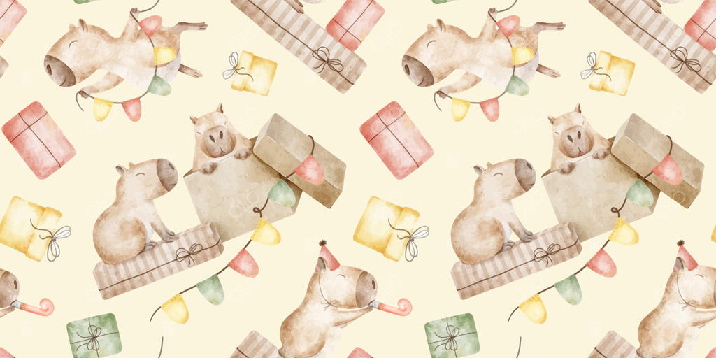 کاپی‌بارا با کلاه مهمانی، سوت، ریسه، جعبه‌های هدیه و کاغذهای رنگی. پترن دست‌سازی شده آبرنگی و یکپارچه. پس‌زمینه‌ای برای جشن تولد، تعطیلات، سالگردها، پارچه و کاغذ کادو.