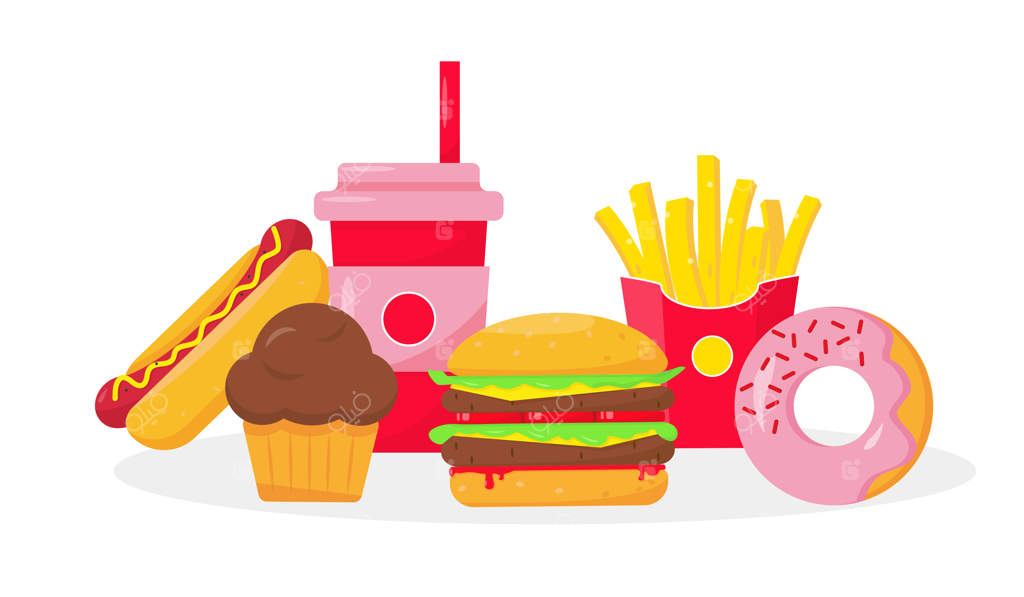 مفهوم غذاهای سریع و ناسالم روی زمینه سفید.