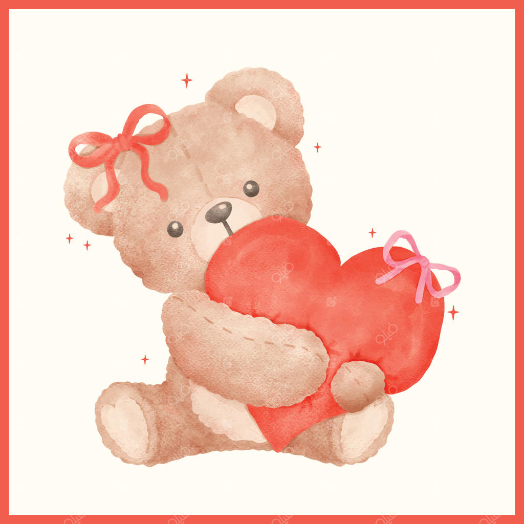 خرس عروسکی بامزه ولنتاین با قلب قرمز در آغوش - نقاشی آبرنگ دستی