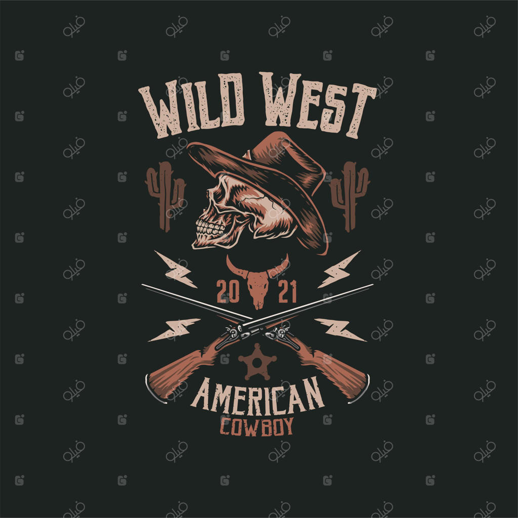 تی شرت جمجمه گاوچران، طراحی دستی با رنگ‌آمیزی دیجیتال، تصویرسازی