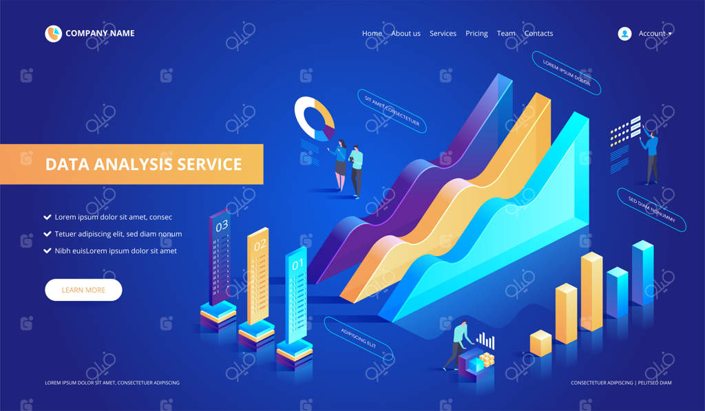 تصویر انتزاعی ایزومتریک سرویس تحلیل داده‌ها.