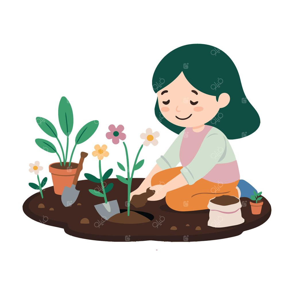 دختری در باغچه گل می‌کارد