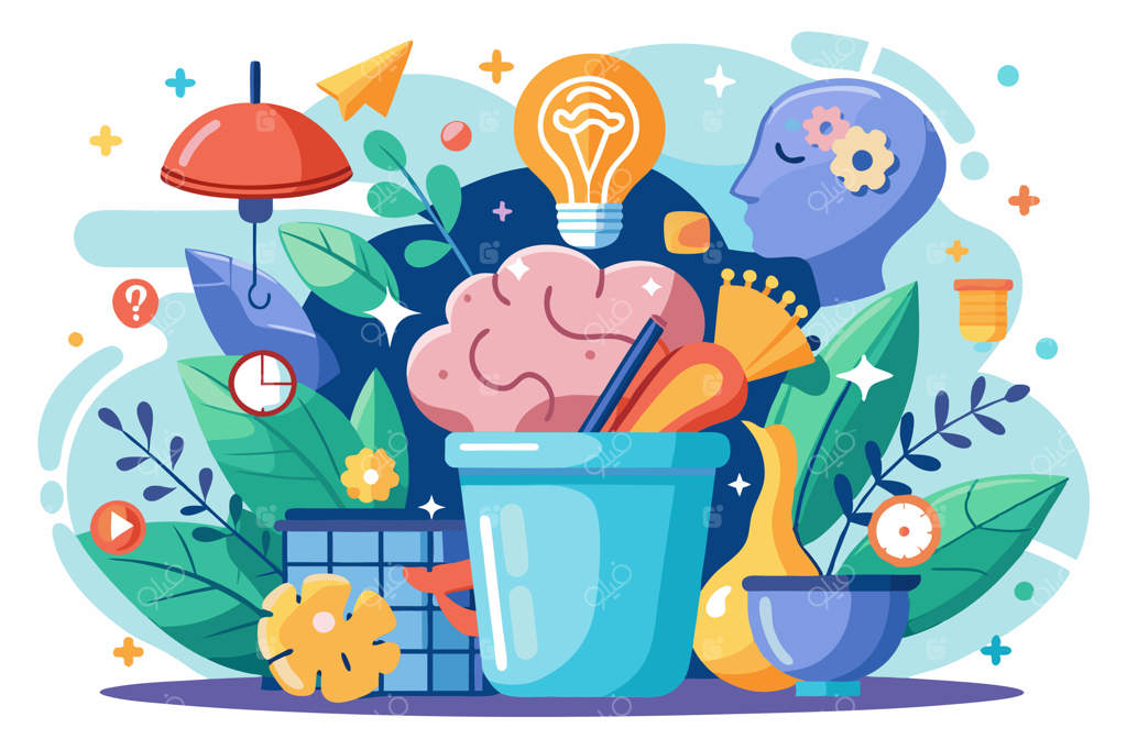 یک تصویر زنده و پویا خلاقیت را با استفاده از زباله‌ها به نمایش می‌گذارد که بر کارآمدی سلامت روان با اشیاء نمادین و عناصر بازیگوش تأکید می‌کند.