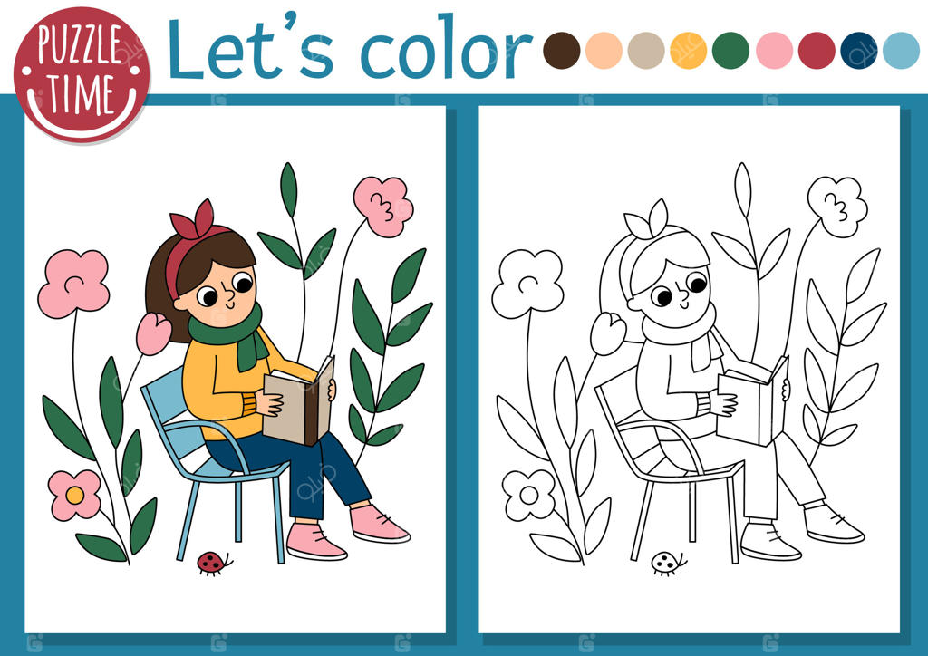 صفحه رنگ‌آمیزی با موضوع فرانسوی برای کودکان با دختری که در باغ کتاب می‌خواند. تصویرسازی با سبک خطی فرانسوی. کتاب رنگ‌آمیزی برای کودکان همراه با نمونه رنگی. کاربرگ قابل چاپ برای تقویت مهارت‌های نقاشی