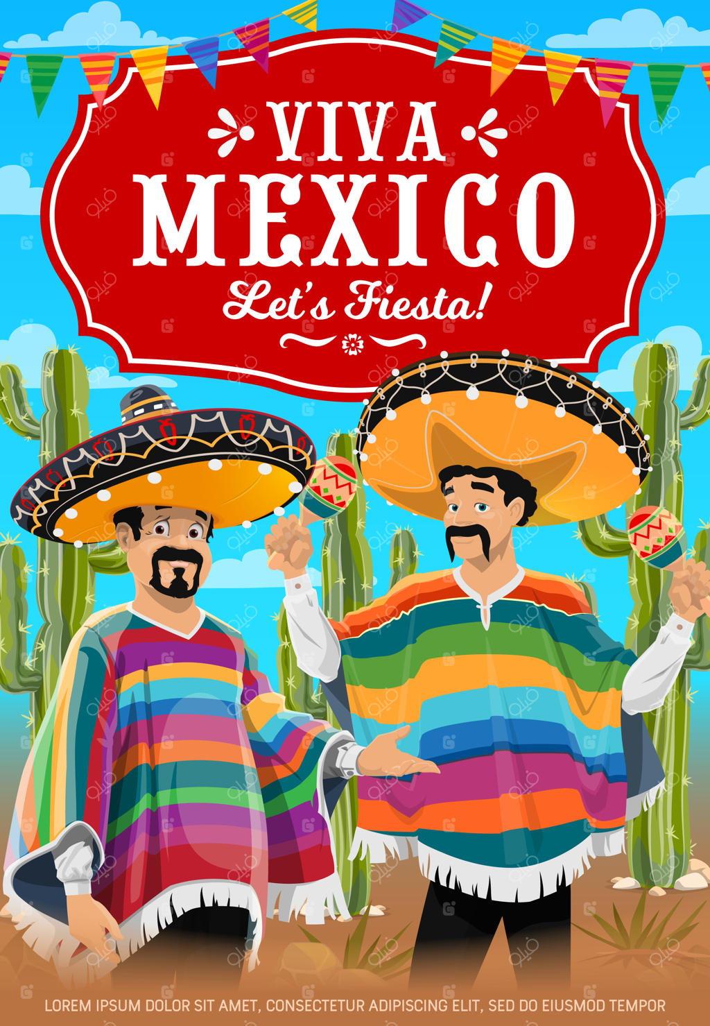 پوستر زنده‌باد مکزیک با گروه موسیقی مکزیکی.
