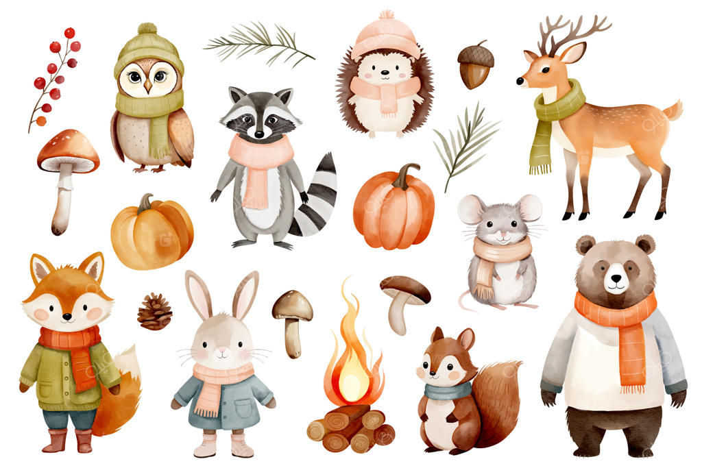 حیوانات جنگل پاییزی با لباس‌های گرم - مجموعه کلیپ‌آرت نقاشی شده با آبرنگ