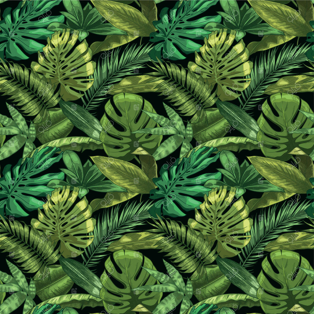 طرح یکپارچه برگ‌های سبز گرمسیری. تصویرسازی گل‌های گیاهی و برگ‌های مونسترا و نخل گرمسیری