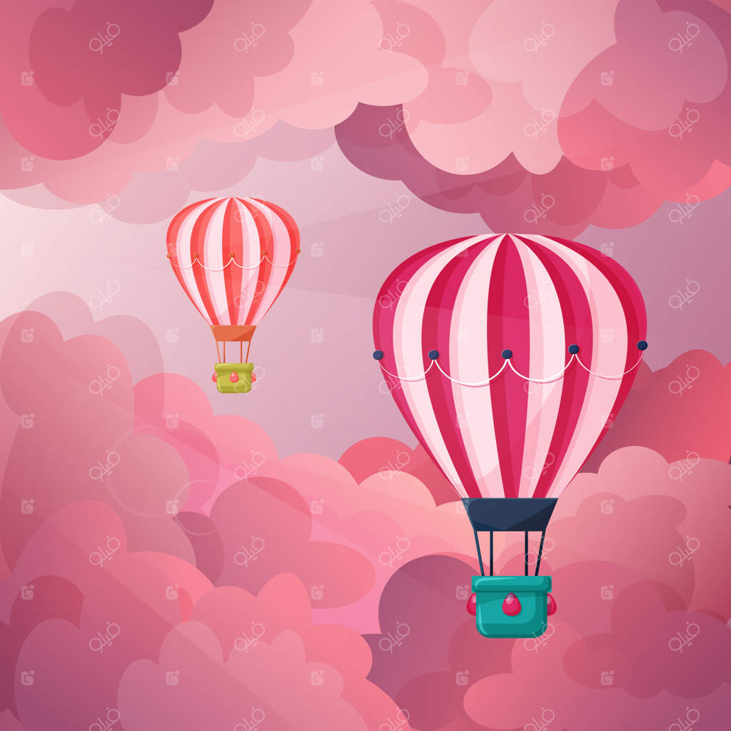 بالون‌های هوای گرم در پس‌زمینه ابرهای صورتی. طلوع خورشید در ابرهای صورتی