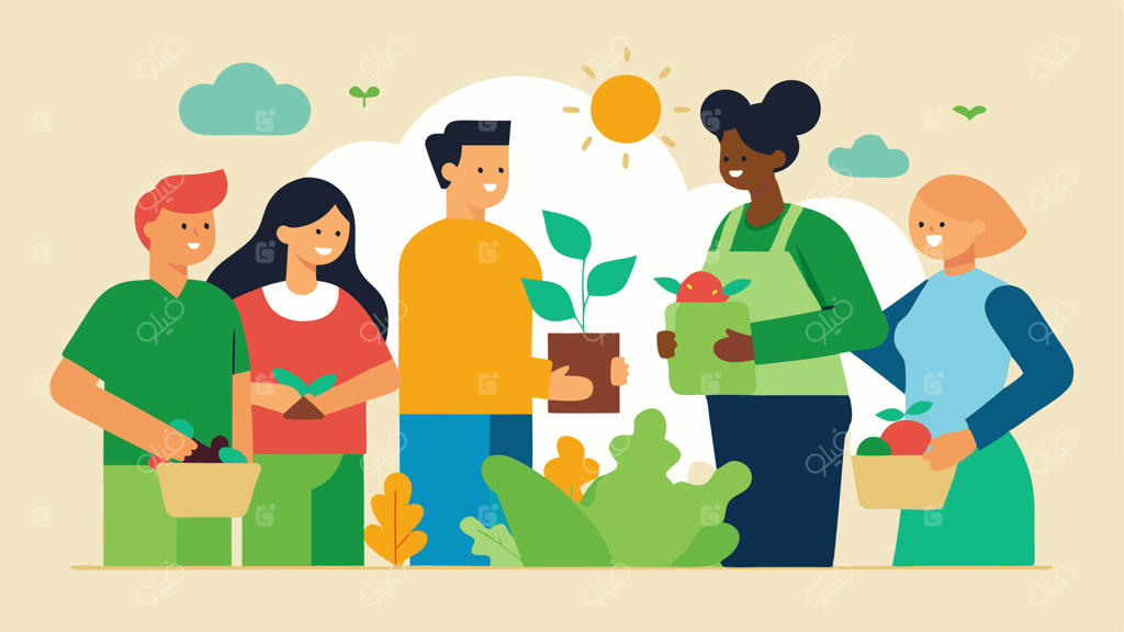 باغچه اجتماعی: صحنه‌ای از باغچه‌ای اجتماعی که در آن افراد در حال به اشتراک گذاشتن و مبادله گیاهان و کالاهای دست‌ساز هستند و ارزش روش‌های پایدار محلی را به نمایش می‌گذارد.