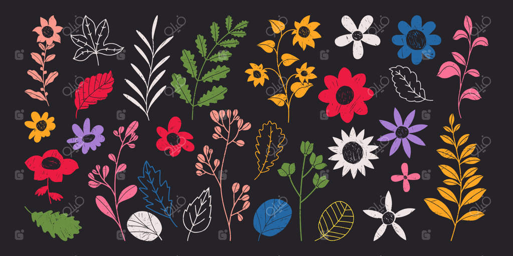 ست باغ با گیاهان دست‌کشیده با رنگ‌های زنده و بافت ملایم نوستالژی. طرح‌های مدادی از چمنزار. عناصر ساده طبیعت به سبک وینتیج.