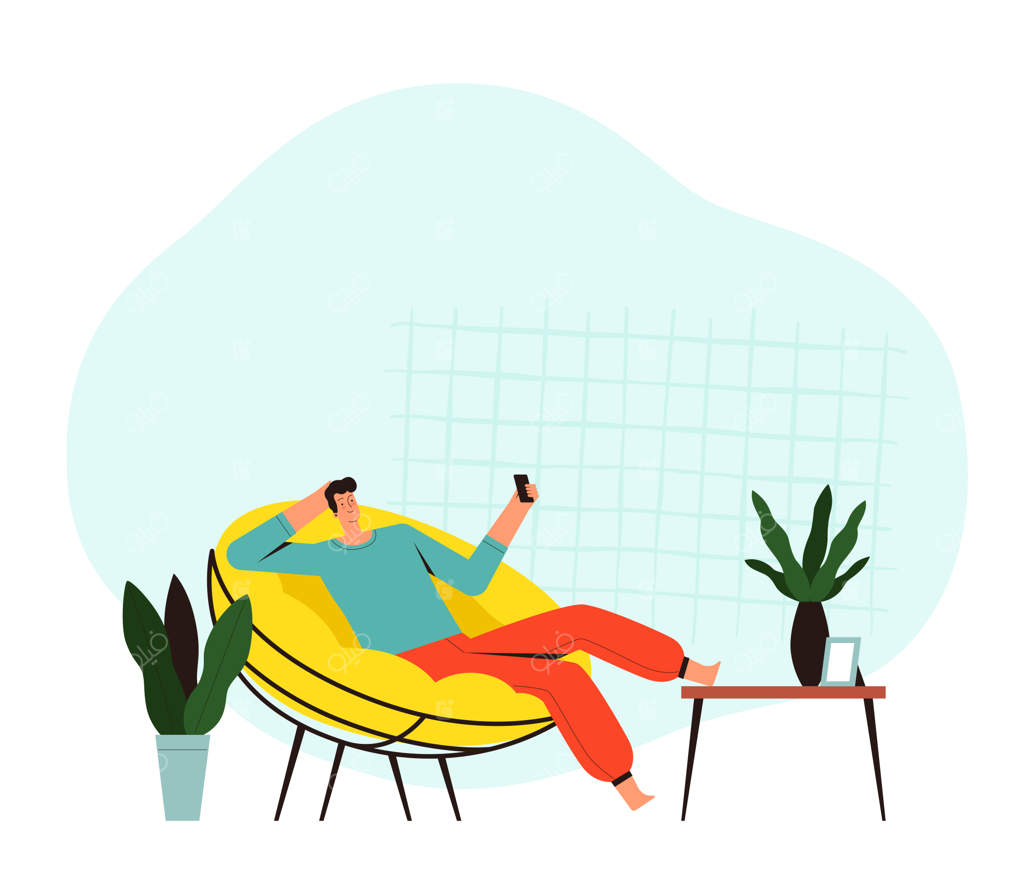 پسر جوان روی صندلی راحتی نشسته و گوشی موبایل در دست دارد.