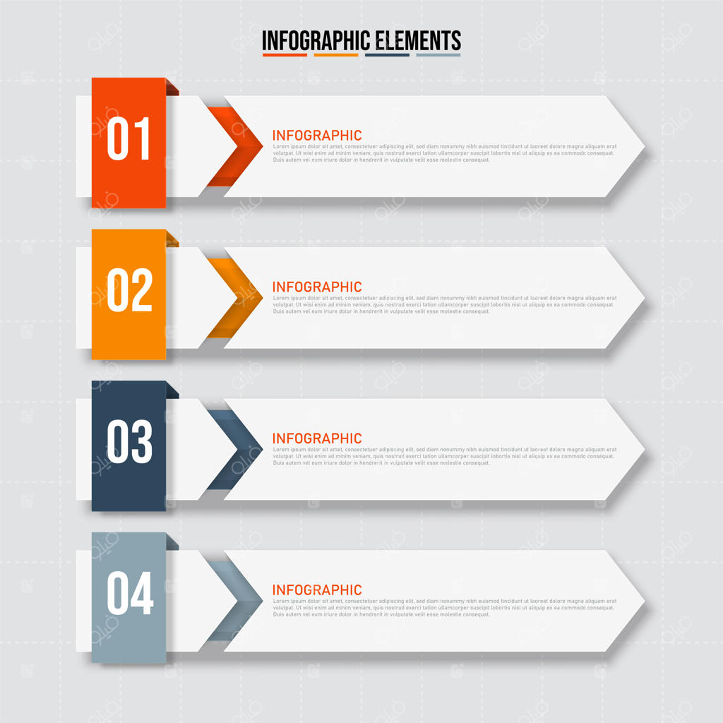 عناصر اینفوگرافیک‌های مستطیلی رنگارنگ، مفهوم مدل کسب‌وکار با ۴ مرحله متوالی.