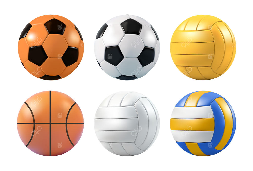آیکون سه‌بعدی توپ‌های ورزشی: مجموعه‌ای از ایموجی‌های بسکتبال، والیبال، و فوتبال. تجهیزات بازی مدرسه و تمرین. نمادهای کارتونی بسکت آمریکایی و پولو.