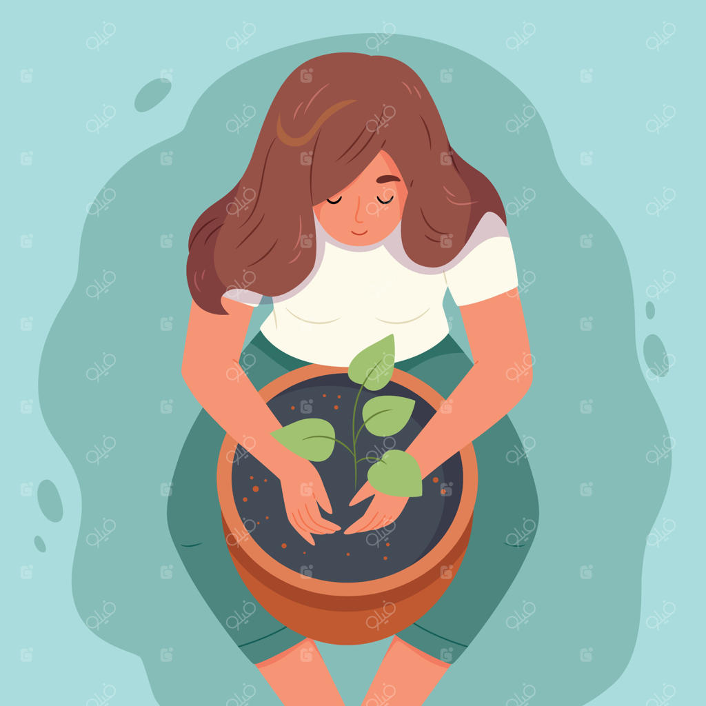 دختر در حال جابجایی و کاشت گیاهان. نمای از بالا. زنی که جوانه را در گلدان سرامیکی حاوی خاک قرار می‌دهد.