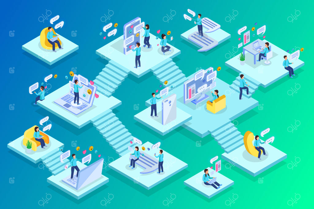 چت با افراد: یک تجارت خصوصی خانگی با ترکیب ایزومتریک چند لایه و پله‌ها – تصویر سبز.