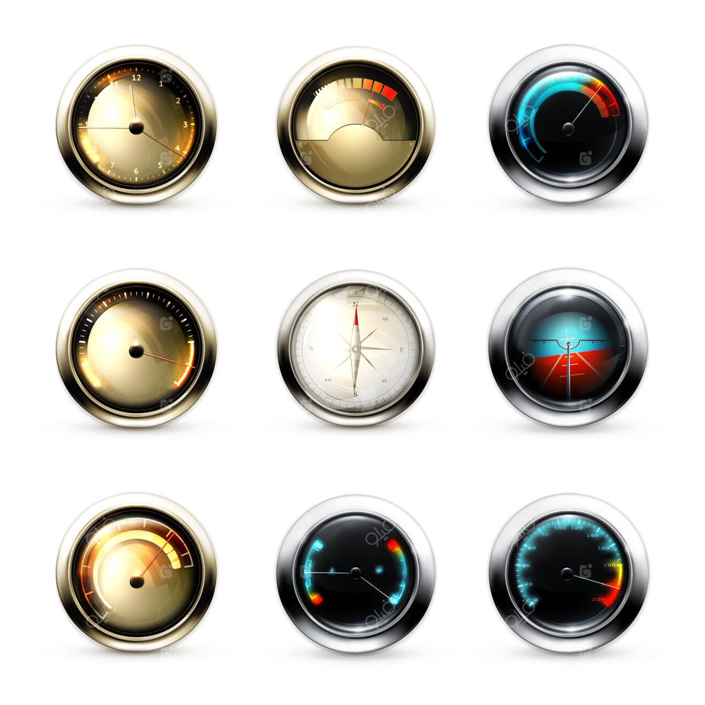 ساعت مکانیکی، تجهیزات خودرو، سرعت‌سنج، ابزار اندازه‌گیری، مجموعه آیکون‌های وکتور