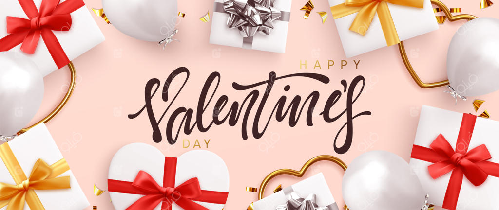 روز ولنتاین مبارک. پس‌زمینه‌ای جشنواره با طراحی واقع‌گرایانه. جعبه هدیه به شکل قلب، بادکنک‌های هلیومی و قلب‌های فلزی توخالی. شاخه‌های تزیینی به رنگ‌های سفید و صورتی. کارت تبریک، بنر و پوستر.