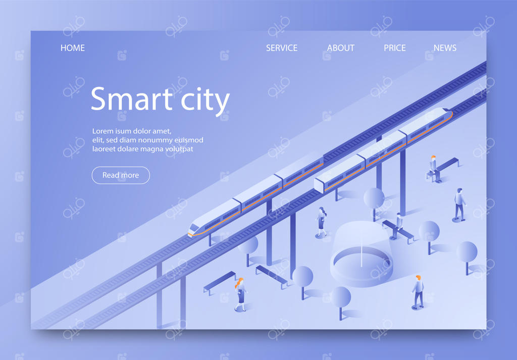 بنر با نوشته‌های ایزومتریک شهر هوشمند طراحی شده است.