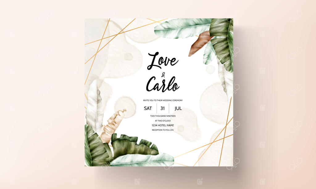 کارت دعوت شیک با طراحی دست و رنگ‌آمیزی برگ‌های استوایی