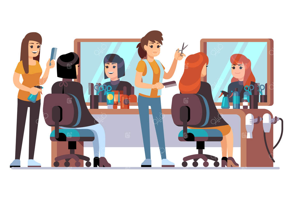 افراد در آرایشگاه. آرایشگر در حال کوتاه کردن موی زنانه برای مشتریان. مفهومی از سالن زیبایی و آرایش داخلی