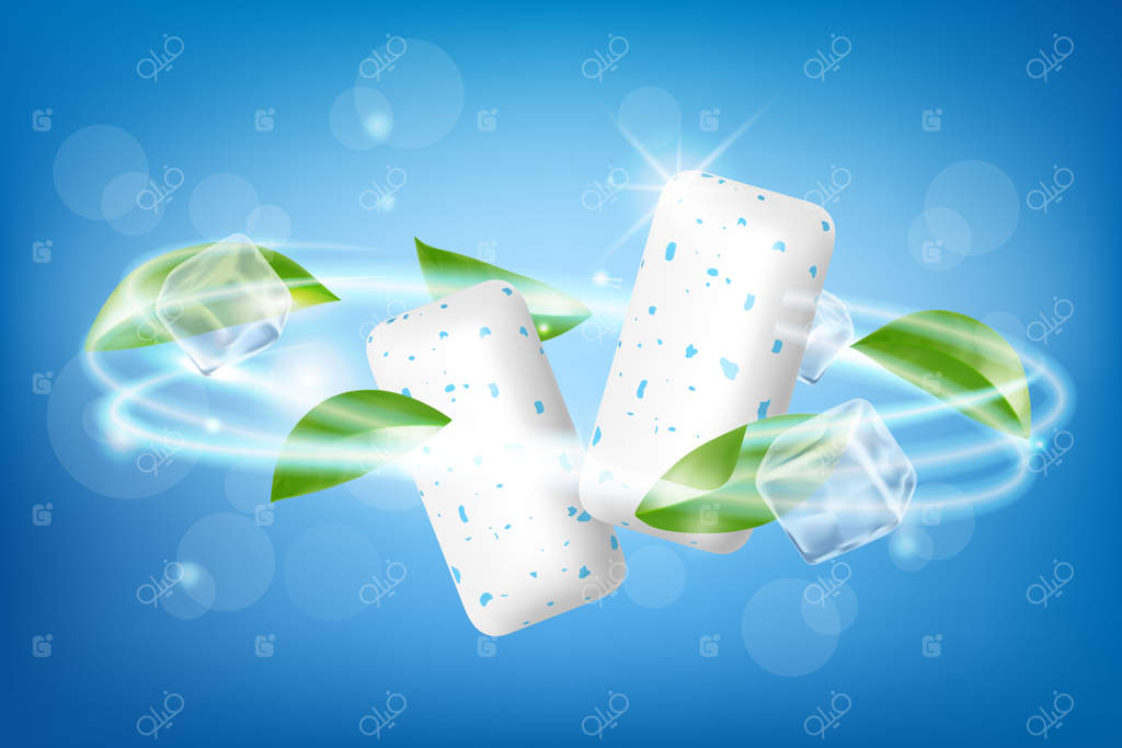 آدامس با طعم حبابی و برگ‌های نعناع: آدامس‌هایی برای بهداشت دهان و دندان، شیرینی تازه‌کننده در پس‌زمینه سفید، تصویر سه‌بعدی وکتور واقعی