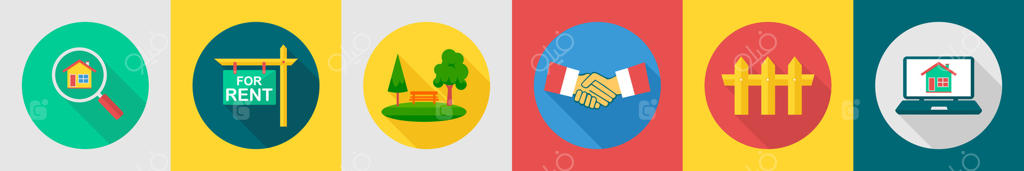 مجموعه‌ای از ۶ آیکون املاک شامل جستجوی خانه، اجاره‌ای، باغچه