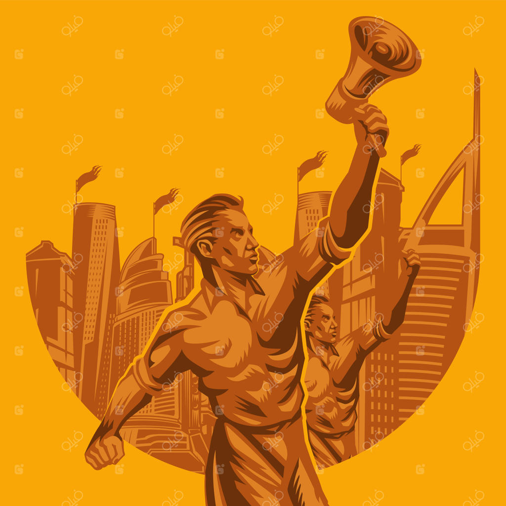 مردی با بلندگو در مقابل منظره شهری