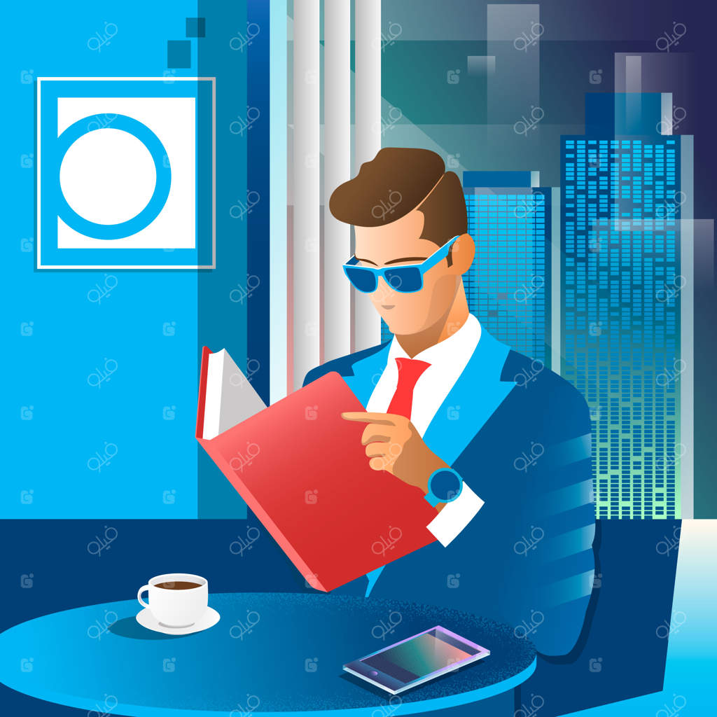 صحنه‌ای از سبک زندگی یک تاجر بزرگسال در صبح آخر هفته در حال خواندن کتاب در کافه.  وکتور فلت