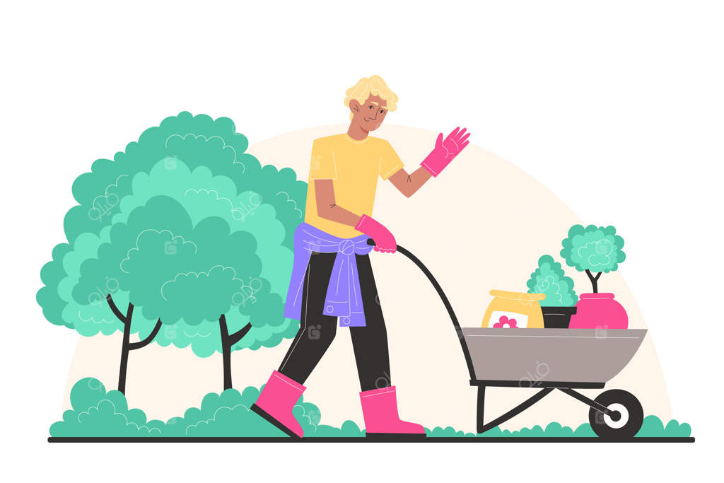 مرد جوانی با لباس باغبانی گاری‌ای پر از گیاهان گلدانی و کود حمل می‌کند