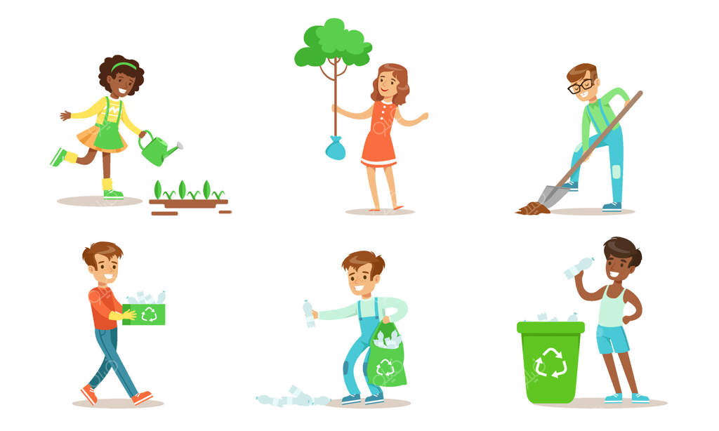 داوطلبی کودکان در باغ یا پارک: نوجوانان در حال کاشت درختان، آبیاری نهال‌ها و جمع‌آوری زباله‌ها