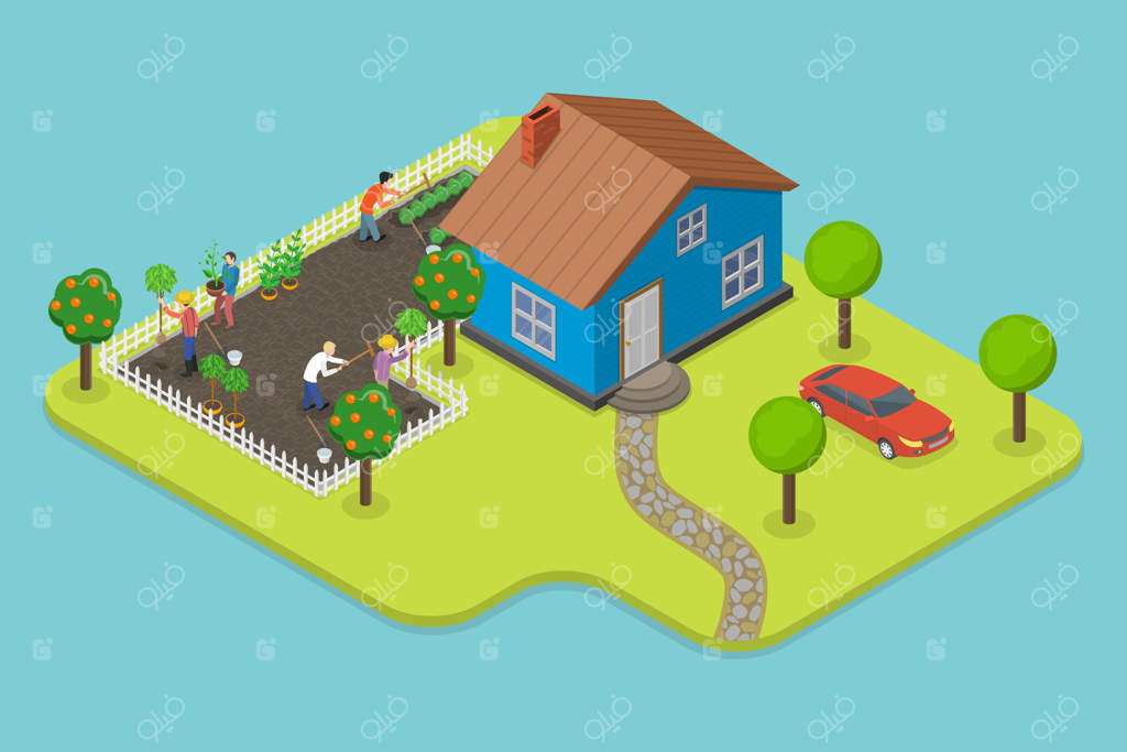 تصویر مفهومی ایزومتریک سه‌بعدی از باغچه و رشد گیاهان