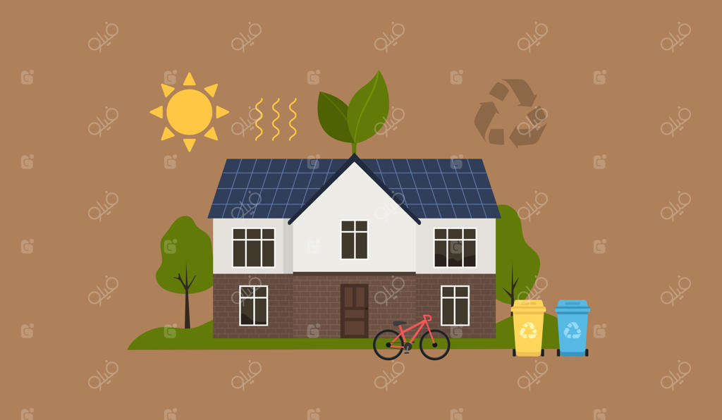 خانه‌ای با پانل‌های خورشیدی روی سقف: سبک مسطح با روشنایی مینیمال و سازگار با محیط زیست.