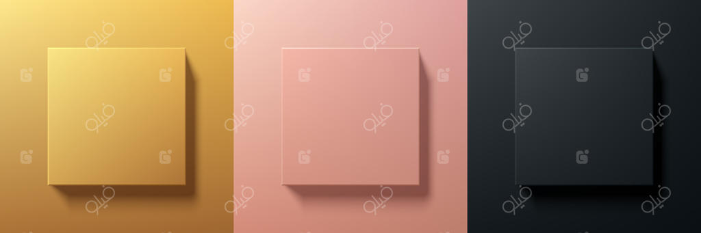 مجموعه‌ای از طراحی فریم مربعی سه‌بعدی لوکس به رنگ‌های طلایی، رزگلد و مشکی. صحنه‌های هندسی برای محصولات آرایشی. عناصر طراحی. نمای بالا از پودیوم یا سکو. EPS10 وکتور.