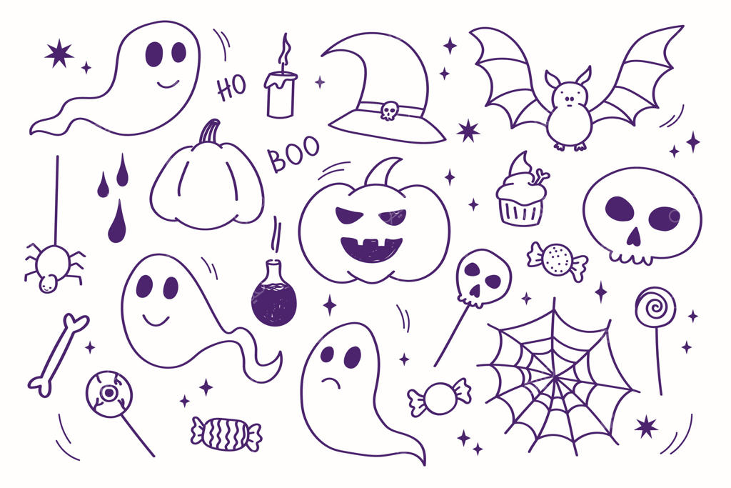 مجموعه کارتون برای هالووین با کدوهای چراغ‌دار، روح، جمجمه، خفاش، تار عنکبوت، ستاره‌ها، معجون. طراحی دست‌خط برای جشن پاییز و عید مقدسین، مناسب برای کارت‌ها، طراحی، بروشور، کاغذ و بنرها.