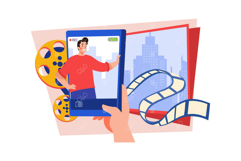 وبلاگ‌نویس ویدیو کلیپ می‌سازد: مردی که خود را با دوربین فیلم‌برداری می‌کند - مفهوم تصویری در پس‌زمینه‌ سفید