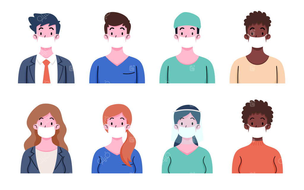 مجموعه‌ای از افراد با ماسک‌های پزشکی: حفاظت در برابر بیماری، آلودگی هوا و ویروس‌ها. مردان و زنان در برابر کرونا و کووید-19 محافظت می‌کنند.