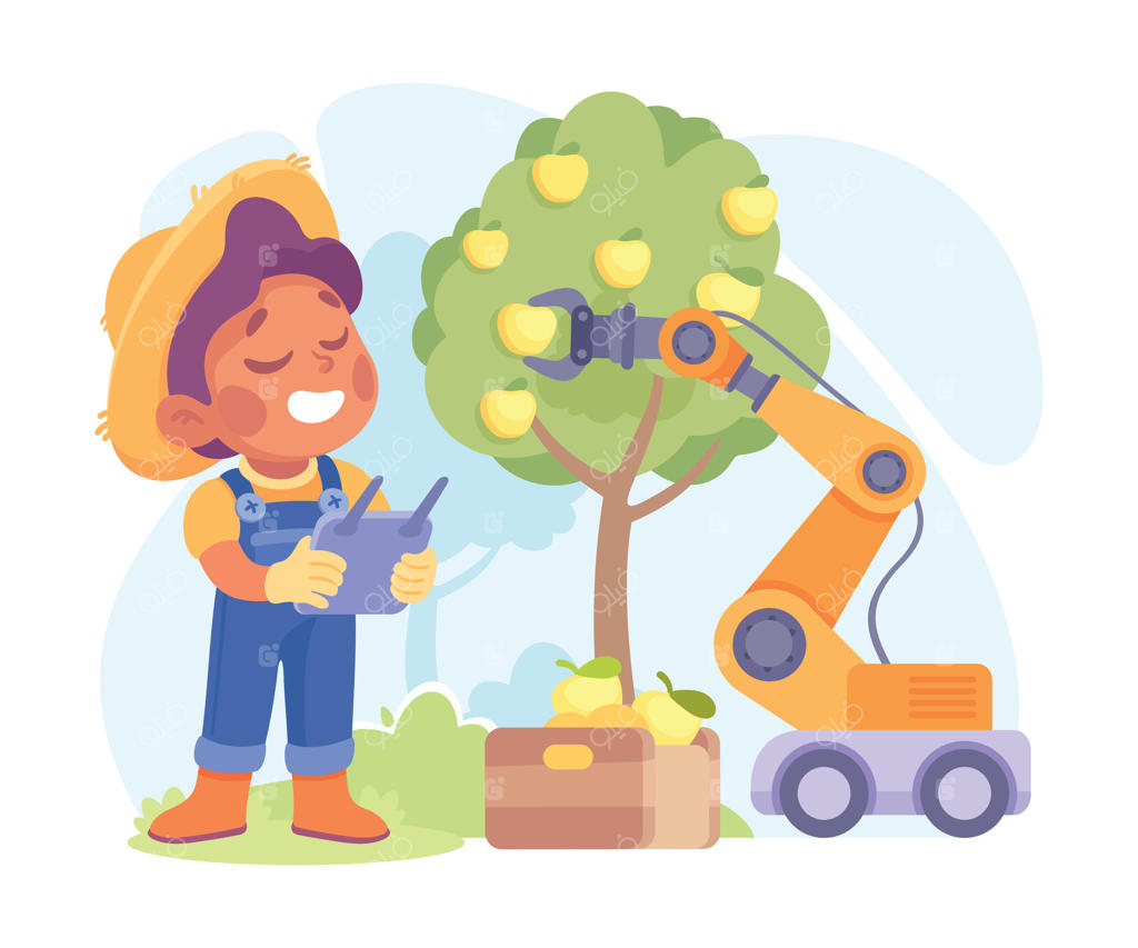 کودک و ربات در حال برداشت میوه