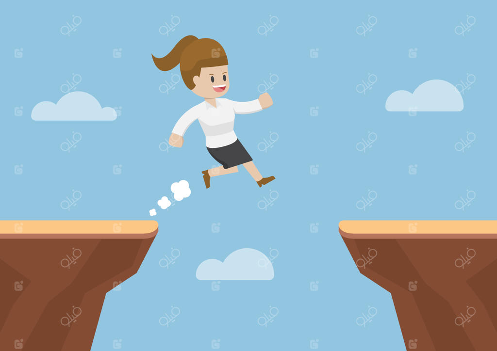 پرش یک زن تاجر از شکاف بین صخره‌ها